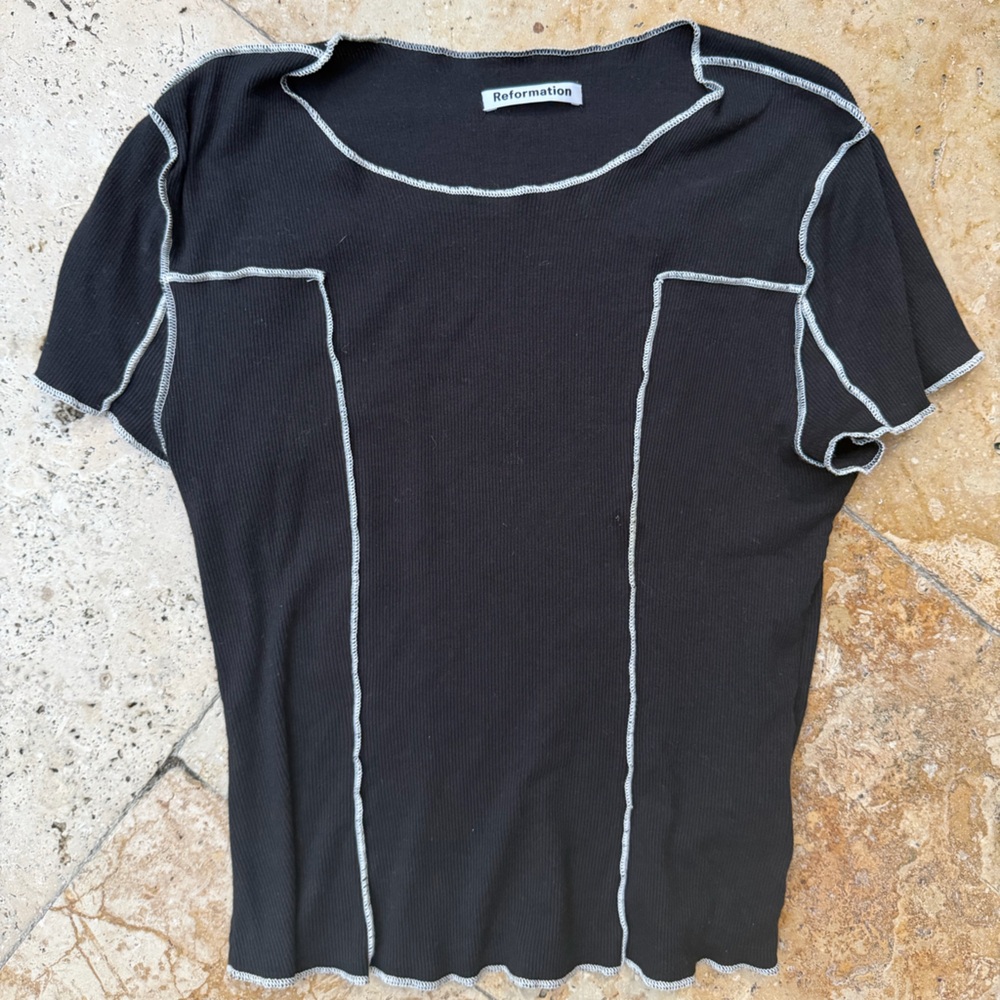 Reformation Black Short Sleeve Top with Contrast Seams